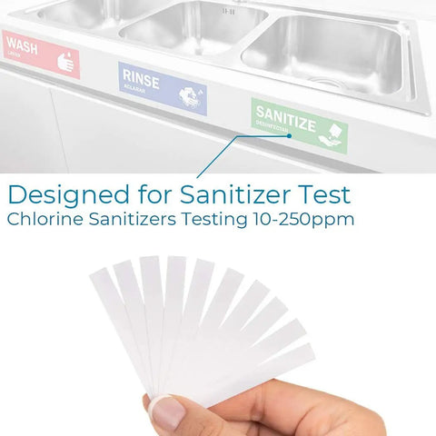 Person holding Restaurant Chlorine Test Strips Value Pack With Instant 1 Second Readout 10 To 250 PPM near a sink.