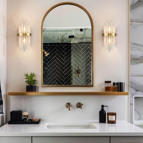 Modern Crystal Glass Wall Sconce Set Of 2 Gold Finish Bath Vanity Lights With Crystal Shade And Back Plate Wall Mount Luminaries For Living Room Bath Soft Warm Ambience Dress Up Your Space, installed in stylish bathroom setting.