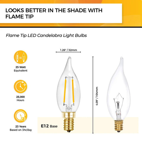 Diagram of 25 Watt E12 LED Candle Bulbs Dimmable 2700K Soft Warm White CA10 Flame Tip Chandelier Light Bulbs with measurements