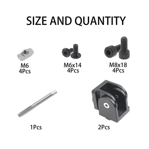 2 Sets Black Flexible Pivot Joint Connectors for 4040 Aluminum Extrusion Profiles, Zinc Alloy Construction, 180 Degree Rotation, Includes Screws and Threading Tap for 3D Printer Accessories, size and quantity diagram