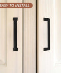 Dope Matte Black Aluminum Cabinet Door Handles And Drawer Pulls, Vintage Retro Kitchen Hardware on light wood cabinet doors.
