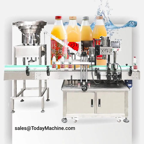 Automatic Twist Off Capper Machine For Plastic Bottles With Integrated Cap Feeder. This Versatile Screw Capping Device Handles Snap Crimp And Cork Caps With Ease. Reliable Industrial Packaging Solution For High Volume Production Lines And Small Business
