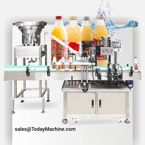 Heavy Duty Workhorse Automatic Pet Bottle Filling Machine For Two Ounce Energy Drinks And Shot Bottles Smooth No Sweat Operation High Performance Industrial Capper with colorful beverage bottles on conveyor.
