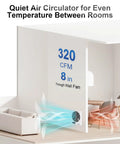 Illustration of 8 Inch Through Wall Room To Room Fan with Remote Reversible Airflow, showing airflow between rooms at 320 CFM.
