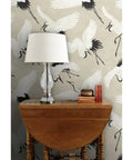Premium Bird Pattern Large Scale Pvc Free Wallpaper Featuring Hella Durable Matte Linen Texture on beige wall with lamp and table.