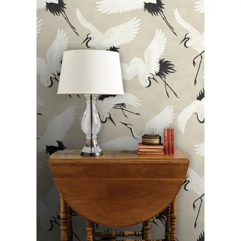 Premium Bird Pattern Large Scale Pvc Free Wallpaper Featuring Hella Durable Matte Linen Texture on beige wall with lamp and table.