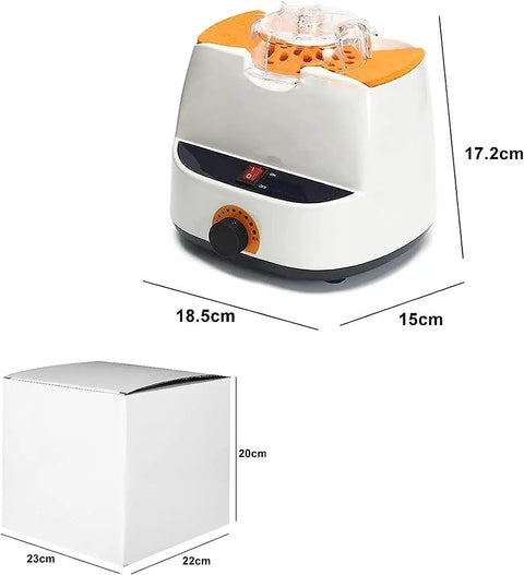 Heavy Duty Optical Frame Warmer And Hot Air Eyeglasses Heater Featuring 550W Ceramic Heating with control dial and dimensions.