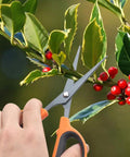 Hand using Three Pack Trimming Scissors With Teflon Coated Non Stick Blades For Pruning Snips Stainless Steel Precision Blade Ergonomic Rubber Grip Cuts Like A Boss On Small Plants Roses Shrubs Hedges on bush