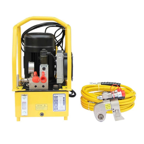 Heavy Duty Hydraulic Torque Wrench Set With 4000Nm Pull And Rugged Steel Square Drive Half Inch Build and yellow hydraulic pump.
