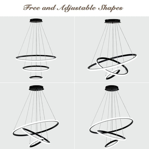 Cool Black LED Chandelier With 3 Color Temps 3000K 4000K 6000K, 60W Hanging Light Fixture with adjustable shape designs