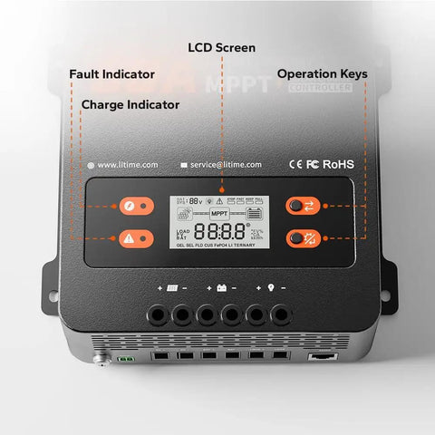 60A MPPT Solar Charge Controller With Auto Sensing 12V 24V 36V 48V, 200VDC Max PV Input, LCD Display front view