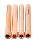 Heavy Duty 4 Pack TIG Welding Torch Collets Kit 10N22 Through 10N25 Fits WP17 WP18 WP26 Air Cooled Torches Copper Gas Lens Nozzles For 1mm To 3mm Rods, copper collets shown in a line.