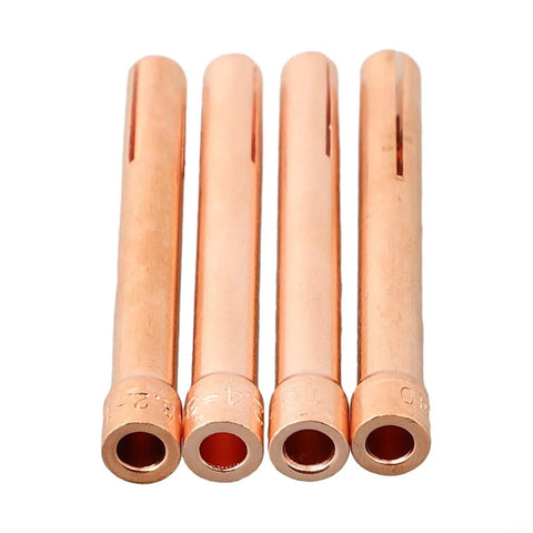Heavy Duty 4 Pack TIG Welding Torch Collets Kit 10N22 Through 10N25 Fits WP17 WP18 WP26 Air Cooled Torches Copper Gas Lens Nozzles For 1mm To 3mm Rods, copper collets shown in a line.