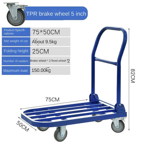 Heavy Duty Cargo Handling Flatbed Handcart Foldable Trailer For Heavy Lifting, Beast Of A Hauler, Rugged Steel Frame, Space Saving Fold Design, Built To Move Big Loads, Ideal For Home, Shop, Garage And Yard, blue steel handcart, 75x50cm, 5-inch brake wheel