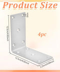 Beefy Heavy Duty L Brackets 4 Pack Solid Steel Right Angle Corner Brackets For Wood Shelves And Furniture Mounting Mantels And DIY Projects 4.92 x 4.92 x 0.89 Inches Silver, showing bracket dimensions and hole size.
