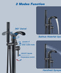 Dual Function Freestanding Tub Filler Faucet In Oil Rubbed Bronze With Waterfall Flow featuring modes and features overview.