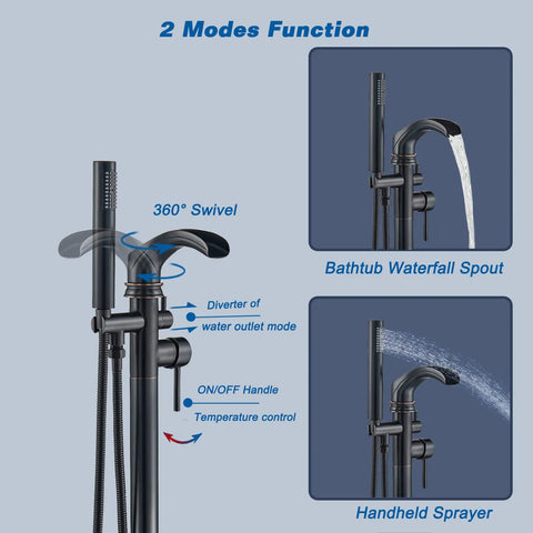 Dual Function Freestanding Tub Filler Faucet In Oil Rubbed Bronze With Waterfall Flow featuring modes and features overview.