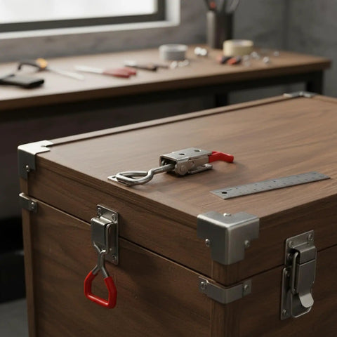 Rugged Stainless Steel Toggle Latch Quick Release Draw Clamp on wooden toolbox in workshop setting