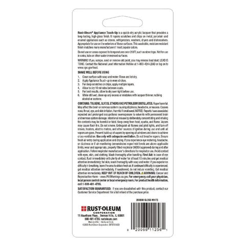 Back label of White Appliance Touch-Up Paint Brush-On Acrylic Lacquer for Stoves, Refrigerators, and Laundry Appliances, High-Gloss Finish, Quick-Dry Chip Repair Kit in 0.6 oz Bottle.