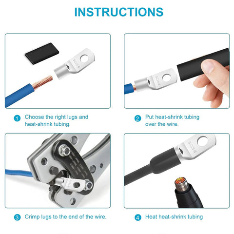 132 Piece Battery Terminal Connectors Kit For 4 6 8 10 AWG Wire assembly instructions with lugs and heat shrink tubing