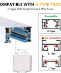 Diagram showing H-type track compatibility for Three Color Adjustable 10W LED Track Lighting Heads Pack of 4 Dimmable 1000 Lumen.