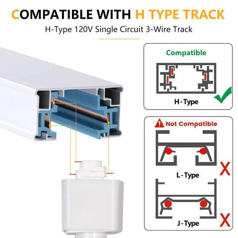 Diagram showing H-type track compatibility for Three Color Adjustable 10W LED Track Lighting Heads Pack of 4 Dimmable 1000 Lumen.