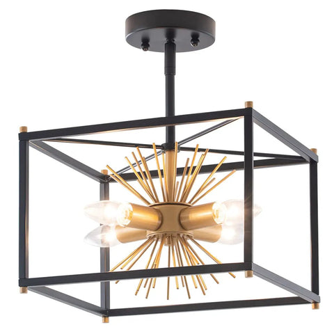 Gold And Black Mid Century Sputnik Semi Flush Mount Ceiling Light Fixture With Four Lights For Bedroom Hallway And Entryway UL Certified Modern Chandelier Bold Statement Lighting in cube frame