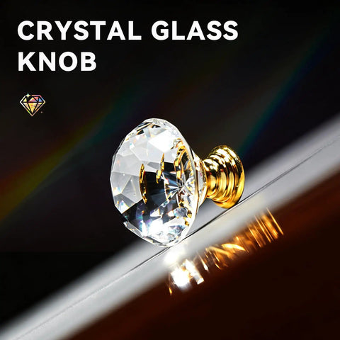 16 Pack Slick Crystal Cabinet Knobs With 30mm Diamond Glass Pull Handles And Polished Gold Base, Clear Dresser Knobs For A Fresh Home Vibe Upgrade, Includes Long And Short Screws, angled view of crystal glass knob with gold base.