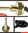 Brass coolant temperature sensor with threaded end and black two-pin connector; close-up and side view.