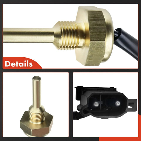 Brass coolant temperature sensor with threaded end and black two-pin connector; close-up and side view.