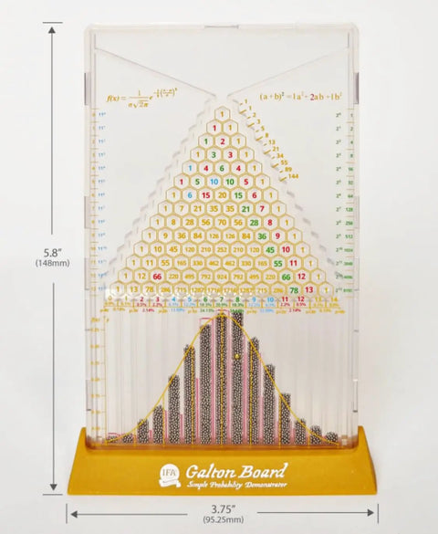 Simple Edition Pegboard Math Toy For Curious Minds Learn Pascal's Triangle Normal Distribution Binomial Theorem Row Totals And Power Of 2 And 11 Fibonacci Numbers And The Golden Ratio Star Of David Pattern 6.5 Inches Tall By 4.5 Inches Wide. clear acrylic Galton board with yellow base, 5.8 x 3.75 in