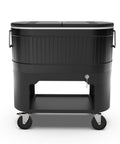 Front view of 120-Qt Rolling Ice Chest Cooler Cart with Wheels and Drink Dividers, black, for outdoor and indoor entertaining.