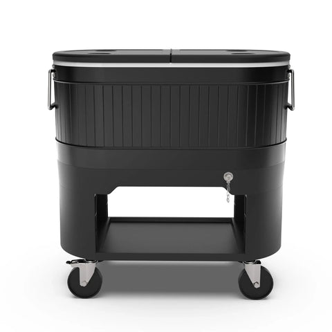 Front view of 120-Qt Rolling Ice Chest Cooler Cart with Wheels and Drink Dividers, black, for outdoor and indoor entertaining.