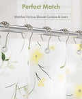 Rustproof Stainless Steel Shower Curtain Hooks Set Of 12 For Bathroom Rods With Polished Nickel Finish shown on rod with floral curtains.