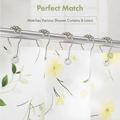 Rustproof Stainless Steel Shower Curtain Hooks Set Of 12 For Bathroom Rods With Polished Nickel Finish shown on rod with floral curtains.