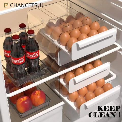 Eggs Fridge Organizer Drawer Bin Set For Maximum Freshness Pro Grade Large Plastic Egg Holder with eggs in a refrigerator.