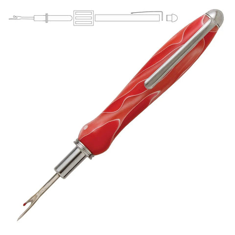 Close-up of a red handle seam ripper from 5 Pack Chrome Single Small Blade Seam Ripper Kits PKSR1 for woodturning projects.