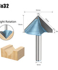 Precision 6mm Left And Right 90 Degree V Groove Router Bit For Wood Engraving, Sign Making And Cabinetry Projects With Ultra Sharp 1/4 In Shank Design For Flawless Bevel Cutting. V groove cutter with dimensions displayed.
