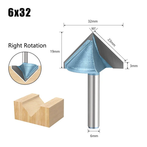Precision 6mm Left And Right 90 Degree V Groove Router Bit For Wood Engraving, Sign Making And Cabinetry Projects With Ultra Sharp 1/4 In Shank Design For Flawless Bevel Cutting. V groove cutter with dimensions displayed.