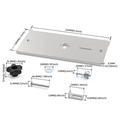 Dimensions of Electric Jig Saw Flip Board With Aluminum Router Table Insert Plate and hardware components.