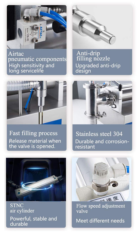 Heavy Duty Pneumatic Liquid Filling Machine With Horizontal Piston Design components showing STNC air cylinder and anti-drip filling nozzle.