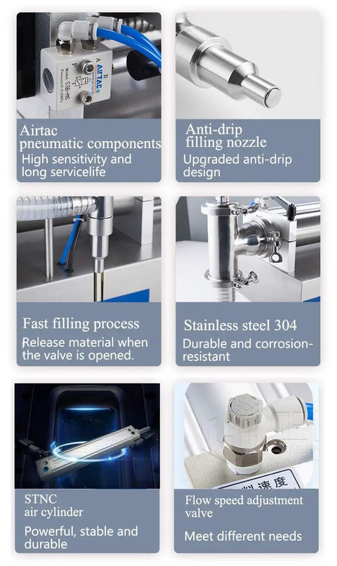 Close-up of pneumatic components, anti-drip nozzle, and stainless steel features of Straight Up Pneumatic Liquid Filling Machine And Horizontal Piston Dispenser For Engine Oil Honey Shampoo Detergent Adjustable Pour Volume 25 To 250 Milliliters Heavy Duty Setup.