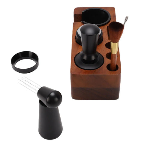 Portable Solid 58mm Stainless Steel Coffee Tamper Kit With Wooden Tamping Station, brush and needle tool for espresso.