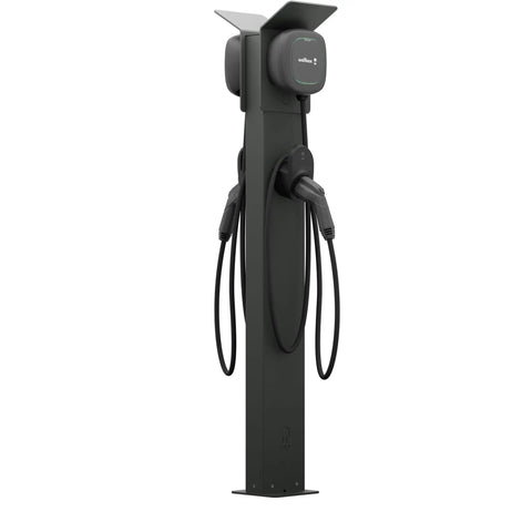 Built Like A Tank Rock Solid Weatherproof EV Charger Pedestal Stand Mount For Dual Electric Car Stations, black sturdy design.