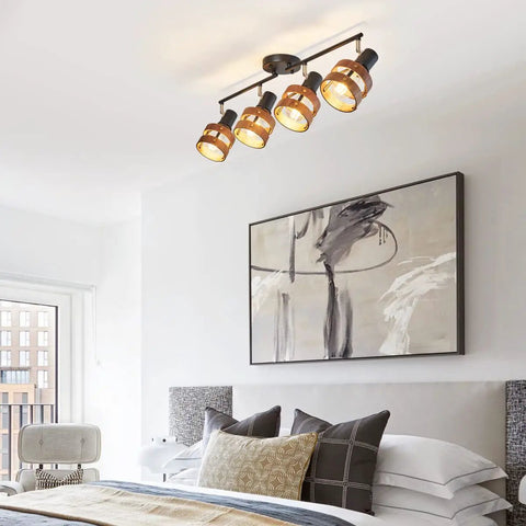 Four Head Black Track Lighting With E26 Sockets Adjustable Spotlight Heads And Wood Accent Dope Farmhouse Vibe Modern Ceiling Light For Living Room And Kitchen Flexible Directional Arms