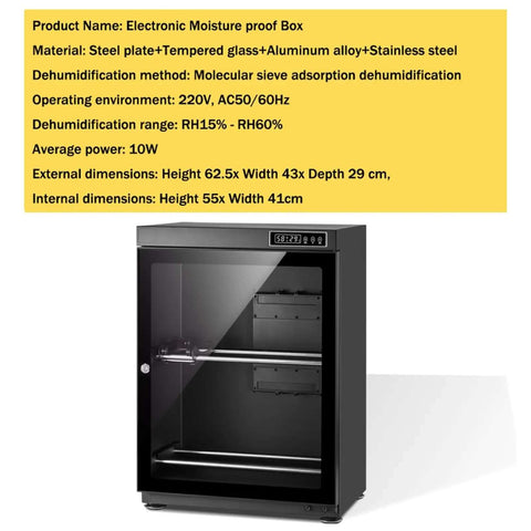 3D Filament Dryer Box With Auto Humidity Control, holds 10-12 rolls, black steel cabinet with humidity display and glass door