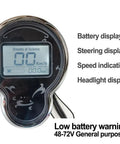 Kick It Up A Notch With This 72V Waterproof Ebike LCD Display Speedometer For 48-72V Scooters And Trikes Featuring 6 Pin Interface Bright Backlit Screen For Easy Night Riding And Crisp Data Reads. Black LCD speedometer display with battery, speed, and headlight indicators for 48-72V scooters and trikes.