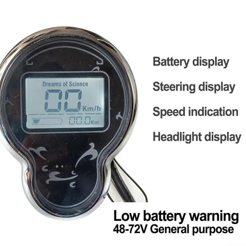 Kick It Up A Notch With This 72V Waterproof Ebike LCD Display Speedometer For 48-72V Scooters And Trikes Featuring 6 Pin Interface Bright Backlit Screen For Easy Night Riding And Crisp Data Reads. Black LCD speedometer display with battery, speed, and headlight indicators for 48-72V scooters and trikes.