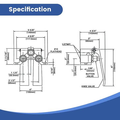 Specifications diagram of Dual Pedal Knee Valve For Hands Free Faucet No Touch Water Control with detailed measurements.