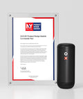 Nuttii&Timemore OX Electric Coffee Grinder Portable Conical Burr Design beside award certificate for 2023 NY Product Design.